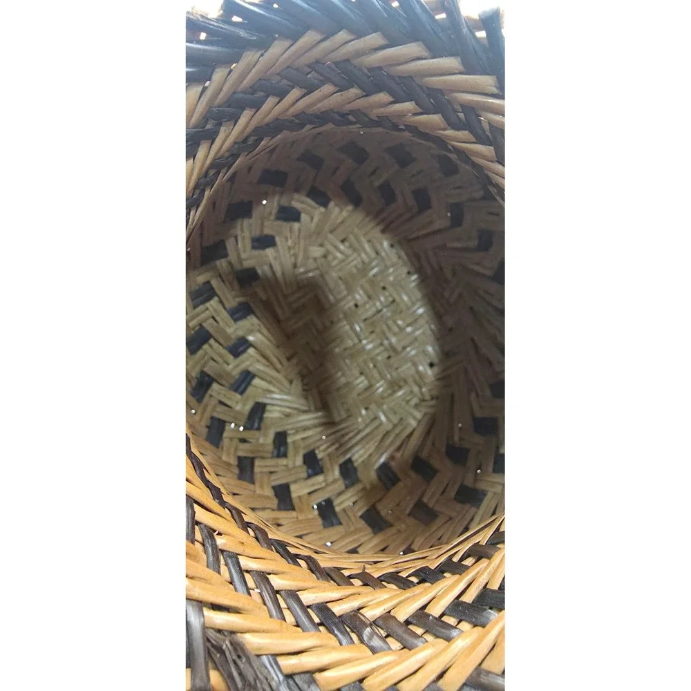 Handcrafted Miniature Woven Basket Two Tone Brown Natural Sawtooth Rim Folk Art